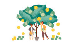 illustration of people harvesting money off the tree
