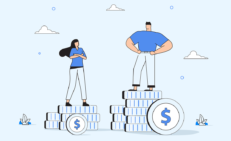illustration of a man on a big pile and a woman on a small pile of coins