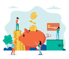 illustration of people putting money in giant piggy bank