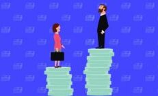 business woman standing on shorter pile of coins; business man standing on taller pile of coins